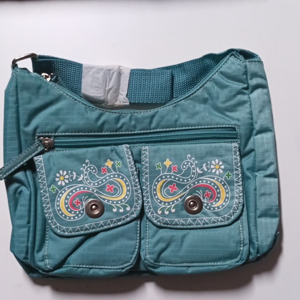 Embroidered Teal Shoulder Bag
